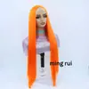 Peruca Europeia e Americana Transfronteiriça Laranja de Fibra Sintética com Renda Frontal para Mulheres com Cabelo Longo Liso e Touca de Renda Frontal