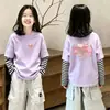 Nova T-shirt de Algodão Puro Patchwork com Manga Longa para Meninas de Média e Grande Porte Outono/Inverno Estilo Coreano Base Camada Falsa de Duas Peças para Crianças de Média e Grande Porte
