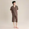 Série de Gaze Personalizada Roupas de Casa Estilo Liso Gola Reversível Pijama Masculino Algodão Primavera e Verão Conjunto de Shorts de Manga Curta Masculino