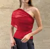 Top de rejilla transparente de un solo hombro sin mangas estilo chica popular de comercio exterior, camiseta base elástica ajustada de alto intelecto europeo y americano para mujer