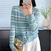 Cárdigan de punto con rayas de lentejuelas y cuello en V para mujer, nuevo estilo otoño 2026, top holgado y versátil, chaqueta suéter fina de manga larga