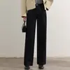 Novas Calças Jeans de Inverno com Padronagem Espinha de Peixe Quentes Modeladoras de Perna Larga com Bolsos Laterais e Recorte Lateral Comprimento Total