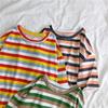 Estilo Coreano de Verano Atuendo para Mejor Amiga Camiseta Sencilla de Rayas Coloridas de Manga Corta Camiseta Pulóver Holgada Estilo Japonés para Estudiantes