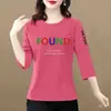 Camiseta de Sete Mangas para Mulheres de Comércio Exterior Transfronteiriço, Estilo Mãe de Meia-Idade, Tamanho Grande Soltinho, Emagrecedor, Top que Esconde a Barriga, Camada Base