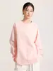 Nueva Camiseta de Manga Larga para Mujer de Primavera y Otoño Algodón de Fibra Larga Holgada Casual Cuello Redondo Mangas Raglán Bloques de Color Sólido Sudadera Fina