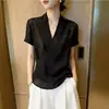 Camisa corta jacquard de manga corta con cuello en V, color negro, a la moda, para mujer, verano 2026, talla grande, top único y deslumbrante para damas de talla grande