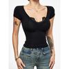 40 Algodón 92 Algodón 8 Spandex Camiseta de Manga Corta con Cuello en V y Costuras de Encaje para Mujer, Ajustada al Cuerpo, Top de Hombro