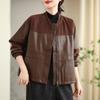 Primavera y Otoño Nuevo Holgado Cuello de Béisbol Costuras Cuero PU Lavado Chaqueta de Cuero de Manga Larga para Mujer Chaqueta de Color Sólido Top para Mujer