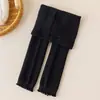 Calcetines para Niños Otoño Nuevo Estilo Más Terciopelo Cepillado Color Sólido Raya Vertical Borde con Volantes Longitud de Nueve Décimas Parte Terciopelo Fino Pantalones Base para Niñas