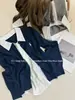 Outono/Inverno Novo Toque de Luxo Camisa Falsa de Duas Peças Patchwork Gola Polo Suéter Feminino Manga Longa Francesa Tricô Color Block Cardigan
