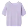 Nuevo top de punto de manga corta de color caramelo para verano hecho de seda y hilo de papel lyocell, camisa casual de protección solar con cuello redondo para mujer