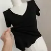 Modal algodão drapeado clavícula camiseta feminina verão solto coreano estilo base camisa manga curta casual v-neck top