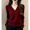Elegante Fashionável Novo Top de Malha Gola V para Mulheres Cor Sólida Manga Longa Camada Base Suéter Top para Ir ao Trabalho Versátil