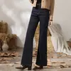 Estilo nuevo, adelgazantes, retro, pantalones ligeramente acampanados con modernos bolsillos traseros, mezclilla elástica en cuatro direcciones, elegantes pantalones de longitud hasta el suelo para mujer, haciéndote lucir más alta
