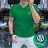 Verão 2025 Masculino Manga Curta Gola Coração de Galinha Seda Algodão Tendência Masculino Gola V Pedraria Quente Manga Curta Casual Slim Fit