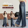 Calça Jeans Infantil 2026 Nova Coleção Primavera e Outono Calça de Perna Larga Estilosa para Meninas Crianças Médias e Grandes Calça Longa Reta Soltinha Elástica