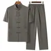 Traje Tang Masculino para Homens de Meia-idade e Idosos, Roupa de Verão com Manga Curta para Pai, Roupas Chinesas de Verão para Avô, Roupas para Homens Idosos