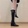 Botas Western de Cavaleiro de Salto Anabela Bico Fino com Fivela de Alto Valor Emagrecedoras Novas Botas da Moda Acima do Joelho Emagrecedoras