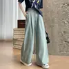 Foto Real de Novos Jeans Vintage Lavados de Perna Larga para Primavera e Outono para Mulheres, Cintura Alta, Corte Reto, Caimento Solto, Emagrecedor, Comprimento Total, Azul Claro