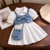 Ropa de Verano para Bebés y Niños Europeos y Americanos Nuevo Chaleco de Mezclilla + Vestido Camisa de Mangas Abullonadas Estilo Académico Temperamento Moderno