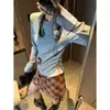 Camiseta de Manga Longa Mochi Estilo Blogger Nicho Patchwork Listrado com Cintura Franzida Emagrecedora Mq0820