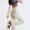 Calças Largas de Cintura Alta Moda Feminina para Cobrir a Carne Emagrecimento e Altas 2025 Design de Cor Contrastante Calças Jeans cor damasco Mostrado Comprimento da Perna