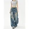 Jeans azules rasgados de pierna ancha para mujer, nuevo estilo otoño 2026, talla grande, corte holgado, adelgazante y con un diseño de pierna recta y fluido