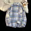 Camisa Xadrez Retrô de Lapela com Bolso Transfronteiriça Masculina Primavera e Outono Marca Tendência Ins Camisa Casual Solta de Manga Longa