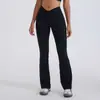 Pantalones de yoga acampanados de cintura alta transfronterizos europeos y americanos con textura cepillada, tacto nude y nudo en la cintura para dar forma