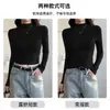 Camiseta base corta de cuello medio alto negro para mujer, primavera, otoño, invierno 2025 nuevo estilo, manga larga, cintura alta, ajustada, top corto