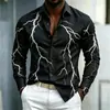 Camisa masculina de manga longa para comércio exterior, tamanho europeu, com colarinho de lapela e estampa de padrão de raio, camisa masculina de corte solto, disponível para atacado a partir de uma peça