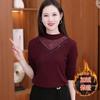 Camisa de base espessada com forro de lã de renda preta elegante feminina, top quente para mulheres de meia-idade e mãe