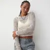 Amazon Transfronteiriço Europeu e Americano Novo Camiseta Feminina de Fundo Transparente Sexy Gola Redonda Slim Cor Sólida Manga Longa Top de Renda