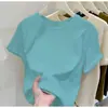 Camiseta Básica de Algodón Puro de Manga Corta Color Amarillo Claro Sencilla de Hombro Normal para Mujer Verano Ajuste Delgado Elástica Favorecedora Color Sólido Cuello Redondo