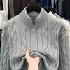 Suéter Masculino de Tricô com Zíper Meio, Suéter de Gola Alta para Outono e Inverno, Peça Superior Grossa e Quente de Manga Longa em Cor Sólida