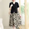 Conjunto de moda estampado para mujeres de mediana edad, falda de malla, nuevo estilo de verano, vestido de dos piezas adelgazante y elegante estilo francés para madres