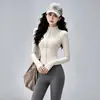 Traje de running y fitness para mujer con cuello alto, cremallera, corte ajustado, cintura alta, pantalón de dos piezas falso, transpirable, ropa profesional para Pilates y yoga