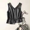 Chaleco de Cuero Genuino Piel de Oveja Asimétrico Estilo Western Holgado Talla Grande Mujer Cuello en V Cintura Corto Atuendo Nicho Chaleco