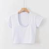 Camiseta de manga corta con cuello redondo profundo y cintura alta para mujer, estilo europeo y americano, con abertura en el ombligo.