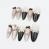 Uñas Portátiles Estilo Francés Hepburn Negras con Lazo Negro de Alta Gama y Pequeños Diamantes, Estilo Hermana Real, Puntas de Uñas Portátiles Desmontables