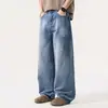 Moda Masculina Fengshe / Jeans de Cintura Alta Americano Wide Leg para Homens, Extra Longo, Casual, Desgastado, Lavagem Branca, Estiloso, Calça Reta até o Chão