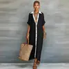 2026 Nueva Ropa Europea y Americana para Mujer Amazon Bloques de Color Holgada de Algodón y Lino Vestido Camisa Largo Vestido Casual de Moda para Mujer