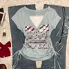 Camiseta Vintage Retro Americana com Cordão Manga Curta para Mulheres, Falsa Peça Dupla Color Block Top de Verão 2025