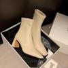 Botines marrones franceses para mujer con tacones altos, tacones gruesos, cremallera trasera, punta cuadrada, nuevo invierno 2024 estilo coreano botas elásticas ajustadas