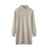 Vestido de punto 100% lana pura con cuello semialto, nuevo invierno 2026 para mujer, color liso, holgado, de cintura alta, midi