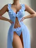 Conjunto de Lencería de Dos Piezas para Mujer, Transparente, de Malla, con Botones al Frente, Estampado Floral Sexy, Europeo y Americano, Transfronterizo, Vestido Largo con Tanga