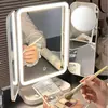 Espelho de Maquiagem Inteligente com LED Rosa, Espelho de Mesa Dobrável Iluminado, Espelho de Beleza de Alta Definição para Dormitório Universitário