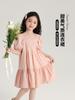 Vestido Longo Plissado Pudding Haru para Meninas Verão 2024 Novo Doce Decote de Renda Manga Bufante Vestido de Menina