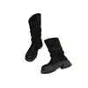 Botas de Media Caña Estilo Coreano Pato Punta Redonda Suela Gruesa para Mujer Botas Vaqueras Casuales Retro de Cuero Mate Hebilla Plegadas