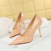 7122-A1 Pedicura Sexy Europea y Americana Look Adelgazante Tacón Metálico Stiletto Tacón Alto Boca Baja Punta Afilada Charol Brillante Zapatos de Mujer